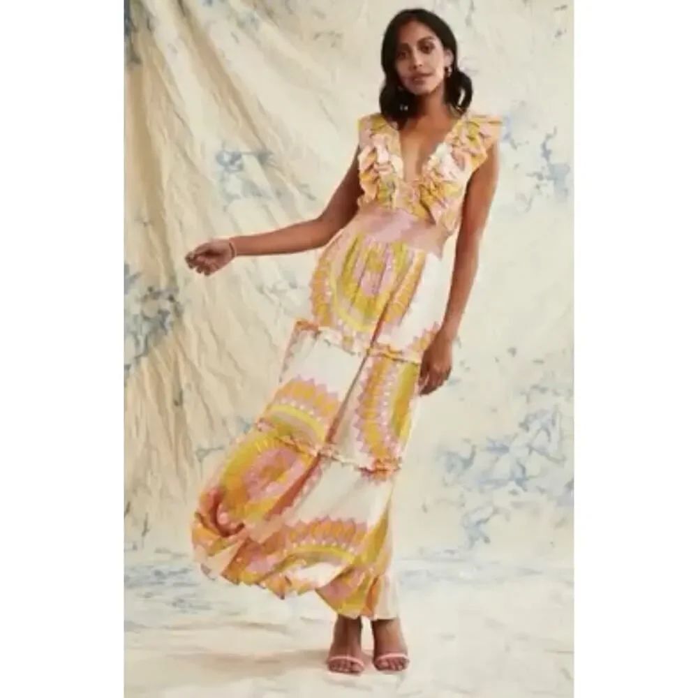 NWT Love the Label Boho Maxi Dress Linen Blend Ruffle Tiered Size L